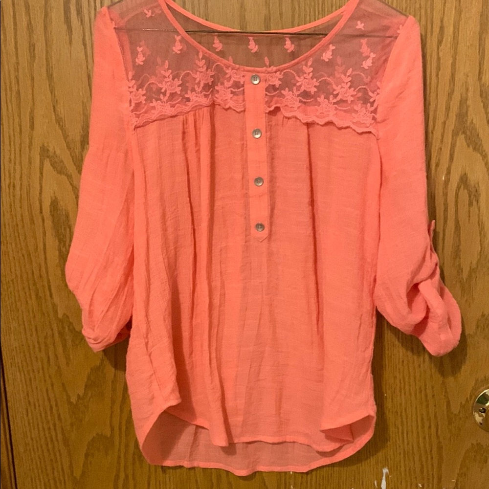 Beautiful Coral Blouse with embroidered design and gold metallic buttons